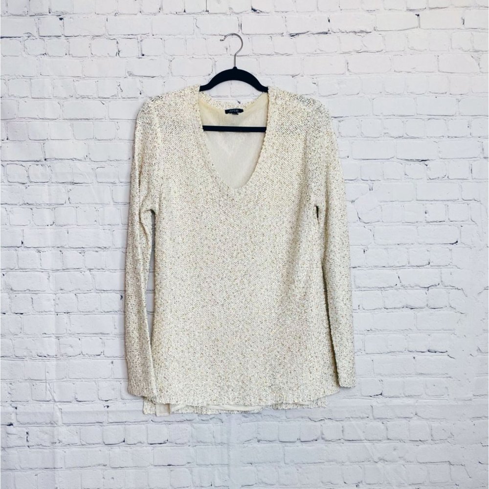 Apt. 9 Shimmery Gold Sequin Cream V-Neck Mesh Knit Sweater XLARGE Lined EUC